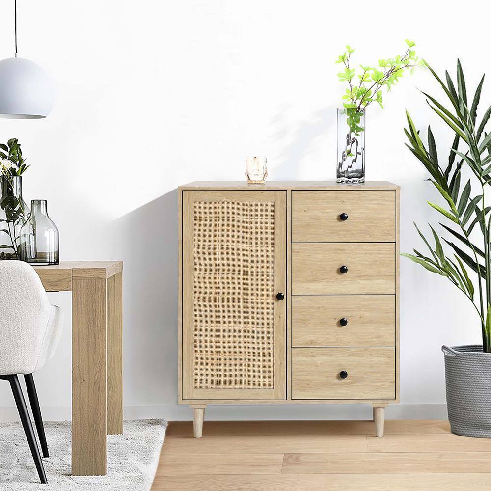 White Oak and Rattan 4-Drawer Storage Cabinet