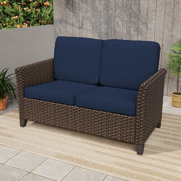 2-Seat Wicker Outdoor Patio Sofa Sectional Couch with Blue Cushions