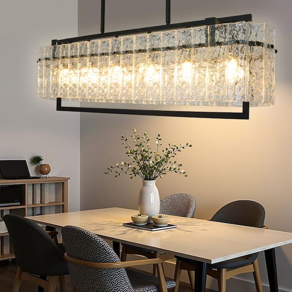 ARISKEEN 6 lights Modern Black Rippled Glass Chandeliers for Dining Room, 39 in. Linear Glass Kitchen Island Pendant Lighting