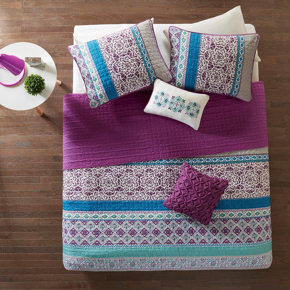Purple Twin Boho-Chic Reversible Microfiber Coverlet Set