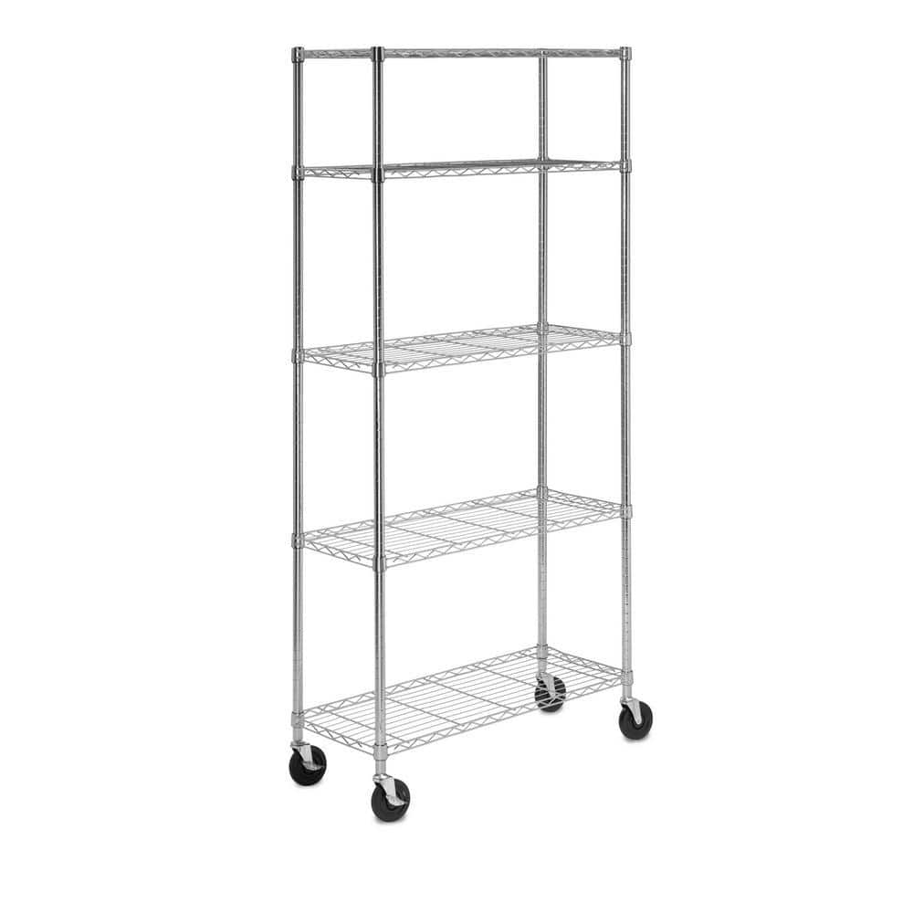 5-Tier Shelf Wire Shelving Racks with Casters Hooks Kitchen Steel Storage  Shelf Rack, Sturdy Metal Shelves Unit Organizer for Home Office 23.2 x 13.8