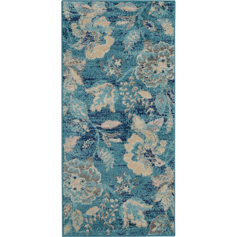 Handmade Turquoise Floral Rectangular Easy-Care Rug 2' x 4'