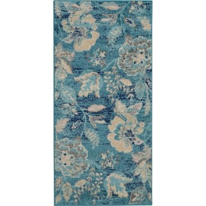 Tranquil Turquoise  doormat 2 ft. x 4 ft. Floral Modern Kitchen Area Rug
