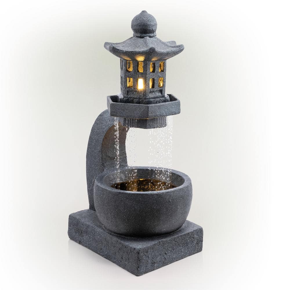 Gray Cement Zen Pagoda Fountain with LED Lights, 31"