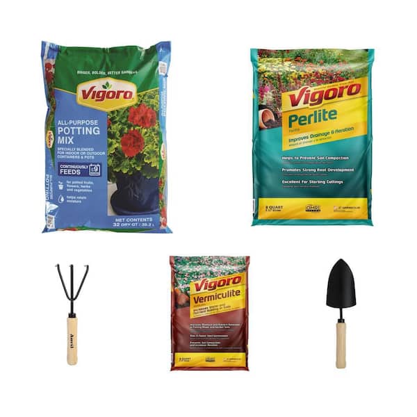 32 qt. Potting Soil Mix, 8 qt. Perlite, 8 Qt. Vermiculite, 5-2/5 in. Cultivator and 5-2/5 in. Trowel Combo