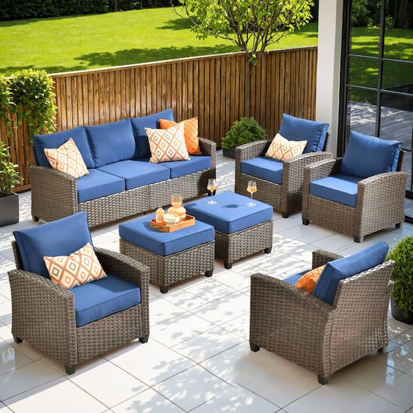 OVIOS Pirani Brown 7-Piece Wicker Outdoor Patio Conversation Seating Set Navy Blue with Cushions