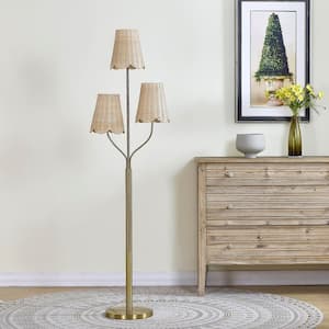 Chicago 65 in. Brass 3-Head Standard Floor Lamp with Natural Rattan Lampshades