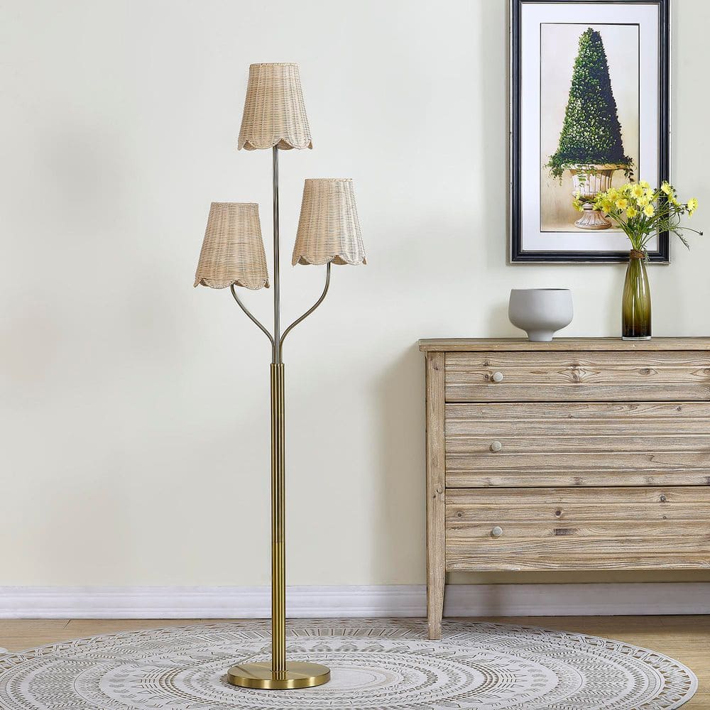 Maxax Chicago 65 in. Brass 3-Head Standard Floor Lamp with Natural Rattan Lampshades F255-GD