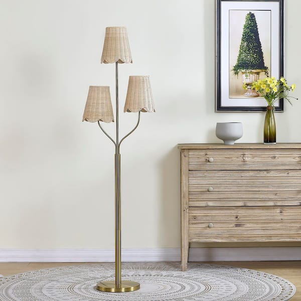 Maxax Chicago 65 in. Brass 3-Head Standard Floor Lamp with Natural Rattan Lampshades
