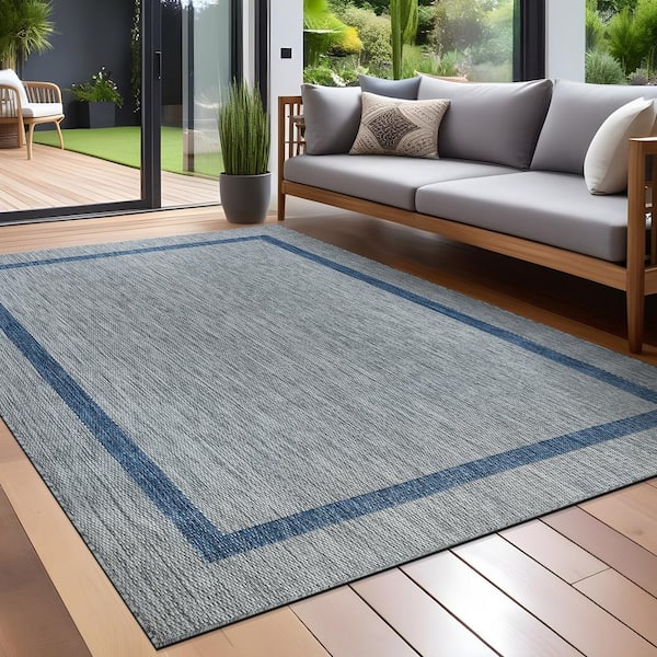 Waikiki Grey/Blue 9 ft. x 12 ft. Bordered Indoor Outdoor Area Rug