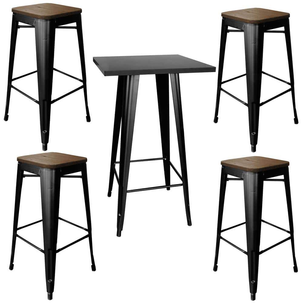 Amerihome Loft Style Bar Set With Black Metal Table Top And Dark Elm Wood Top Stools 5 Piece Bsset36 The Home Depot