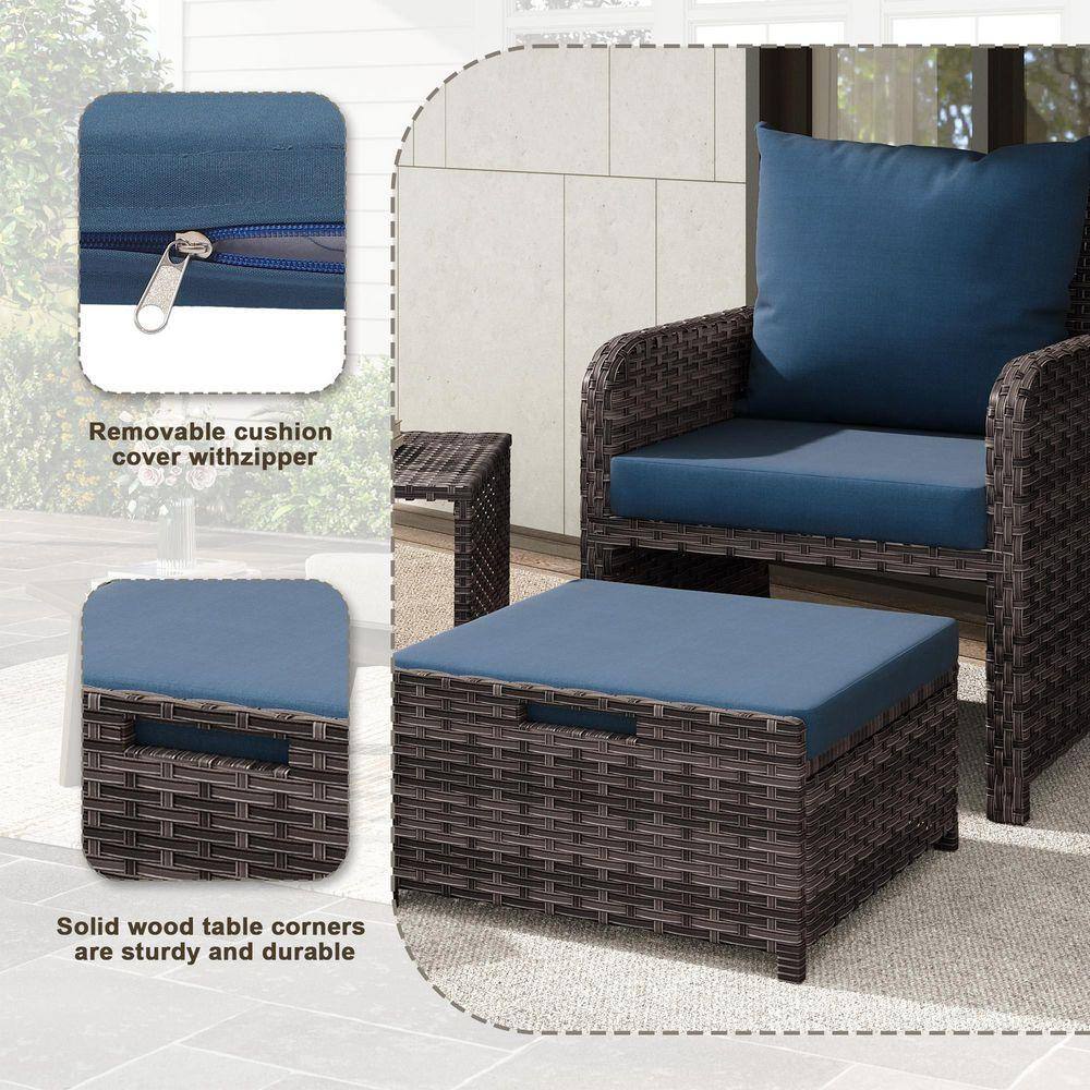 Close-up of a zipper on a blue cushion and a wicker ottoman.