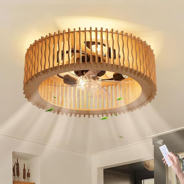 20 in. Natural Wood Flush Mount Ceiling Fan with Light, Wavy Caged Low Profile with Remote Reversible Blades