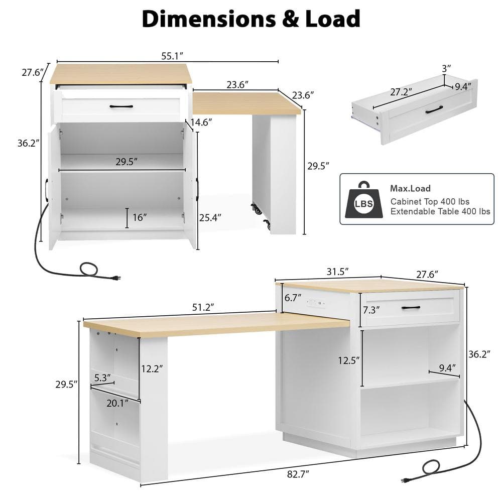 White Wood Tabletop 82.7 in. W Large Kitchen Island with Extendable Dining Table and Double-Side Storage - thumbnail 3