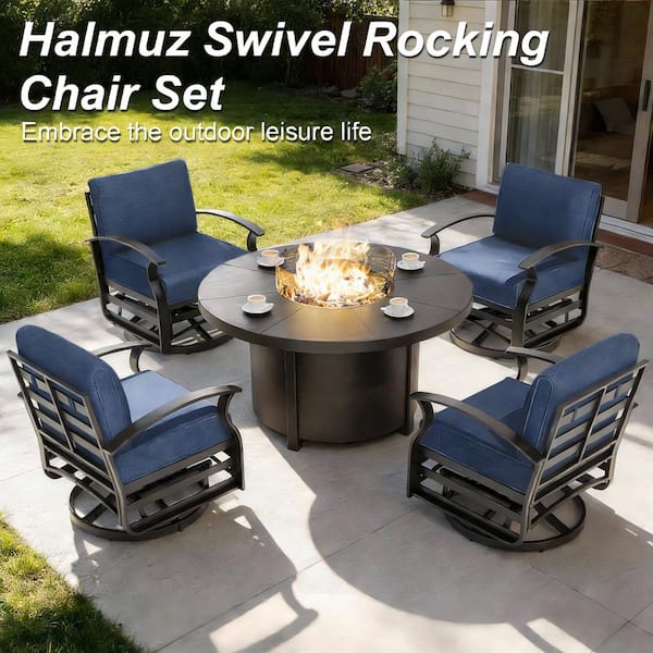 7-Piece Outdoor Aluminum Swivel Rocking Chairs Patio Converstion Set with 40,000BTU Round Fire Pit Table, Navy Cushions
