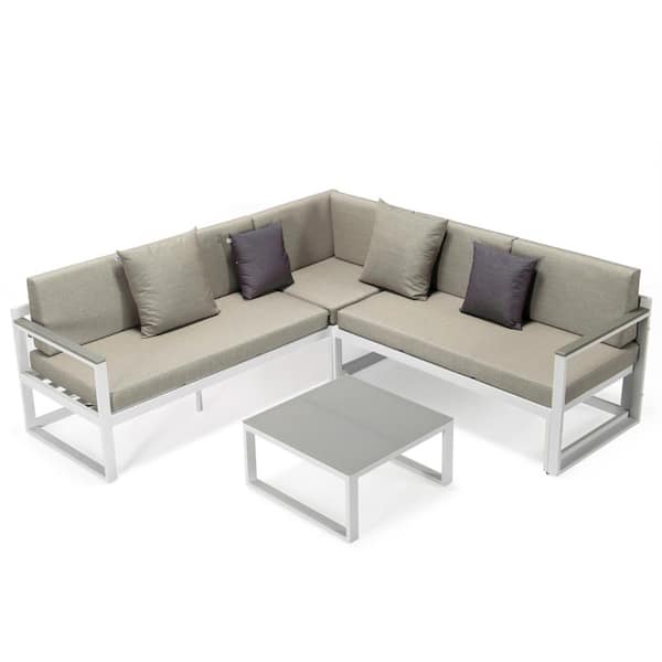 Leisuremod Chelsea White 3-Piece Metal Outdoor Sectional with Beige Cushions