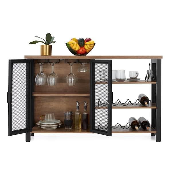 Yofe Oak and Black Rustic Wood Wine Bar Cabinet for Liquor and Glasses, Double Sideboard and Buffet Cabinet, Wine Rack Table, Oak & Black