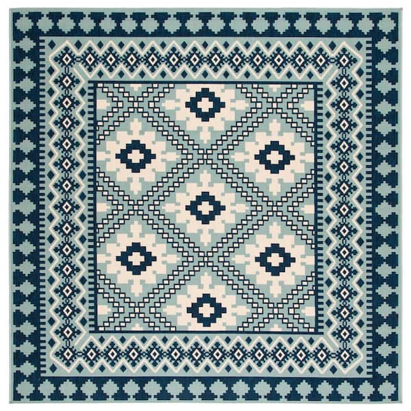 SAFAVIEH Veranda Ivory/Blue 7 ft. x 7 ft. Square Border Indoor/Outdoor Patio  Area Rug