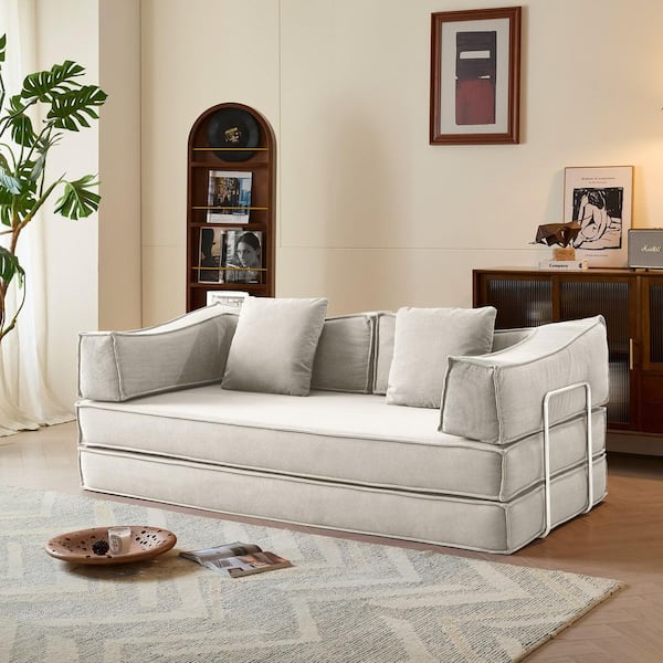 JASIWAY 78.7 in. W Square Arm Corduroy Fabric Rectangle Convertible Sofa in Beige