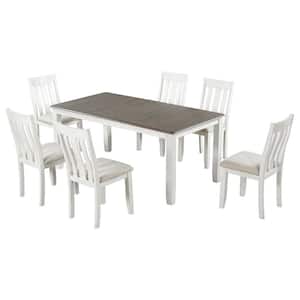 7-Piece Brown and White MDF Top Extendable Dining Set with 6 Upholstered Chairs and a Removable Leaf