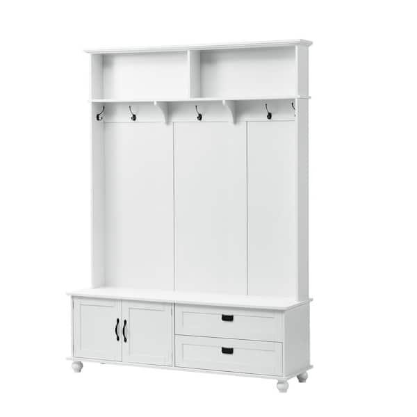 Modern Style Hall Tree with Storage Cabinet and 2-Large Drawers, Widen Mudroom Bench with 5-Coat Hooks, White