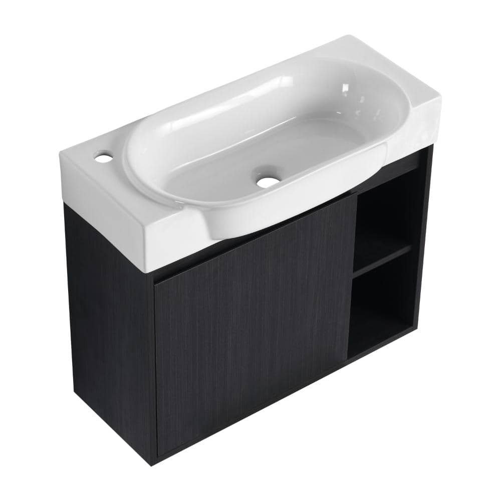 28 in. Wall-Mounted Plywood Bathroom Vanity in Dark Oak with Open Shelf and White Ceramic Sink Top(Unassembled) price history on PriceWatchPro