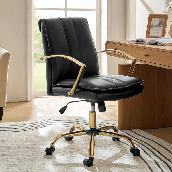 Carlos Genuine Leather Swivel Office Chair in Black with Armrests