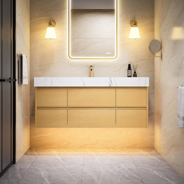 Solidoak 60 in. W x 20.9 in. D x 21.3 in. H Double Sink Bath Vanity in White with White Cultured Marble Top, night light