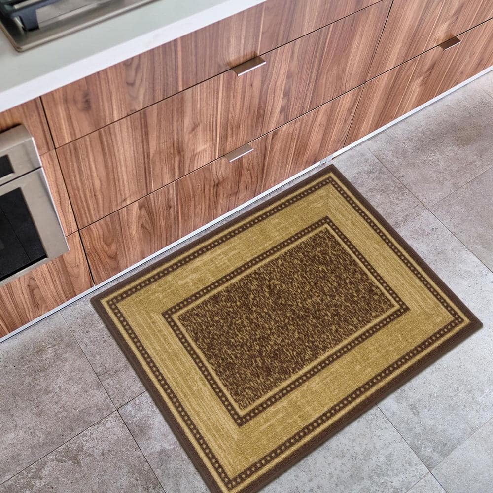 Machine Washable Non-Slip Brown and Beige Synthetic Area Rug
