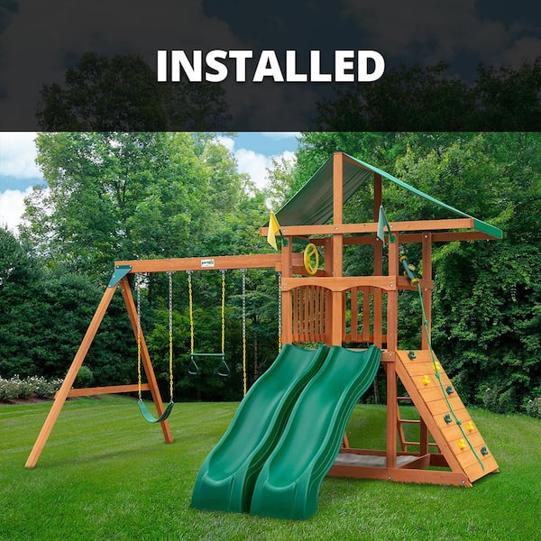 Gorilla Playsets Professionally Installed Outing III Wooden Outdoor Playset w/ Canopy Roof, 2 Slides, Rock Wall and Swing Set Accessories