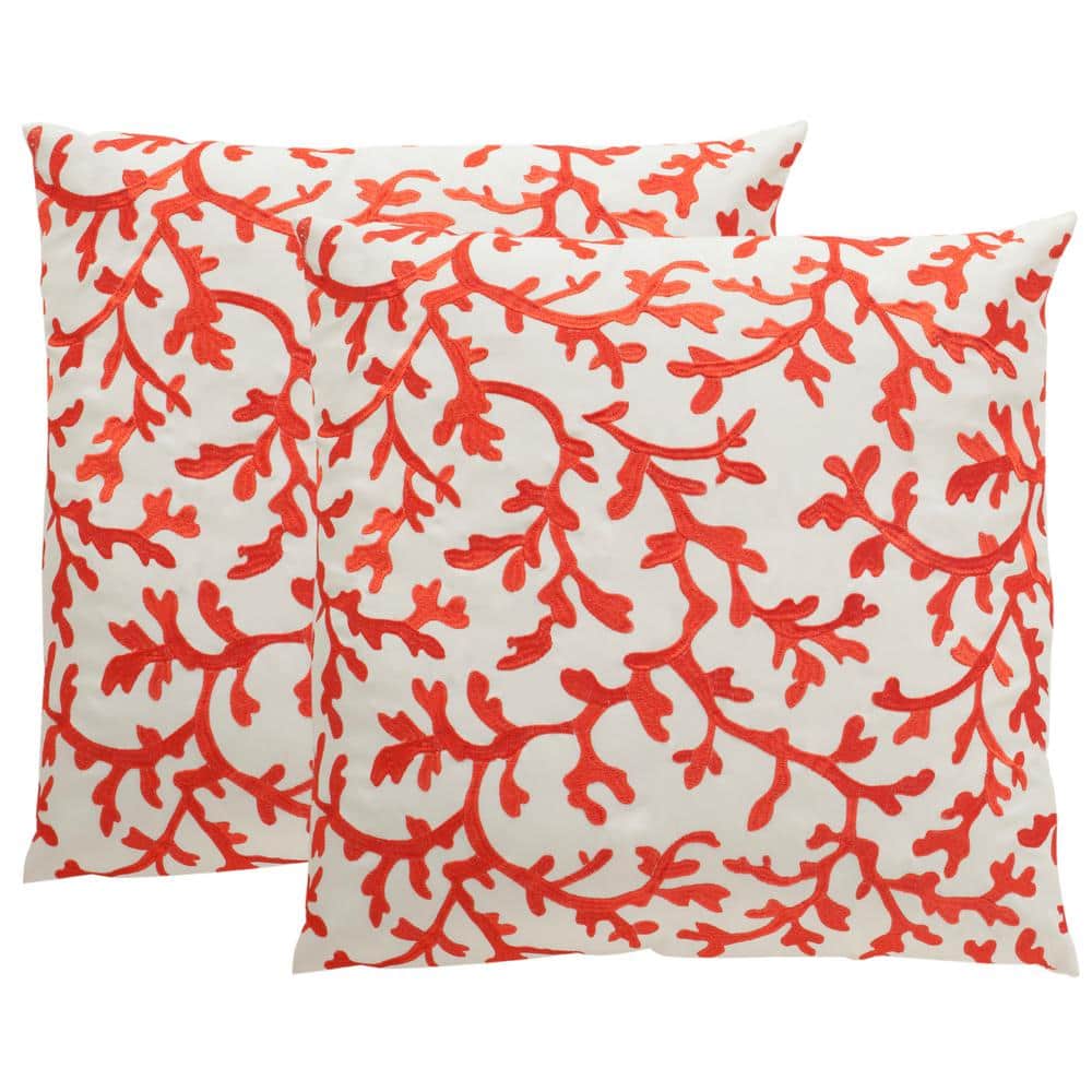 Coral Embroidered White and Red Outdoor Square Pillow Set