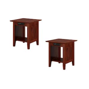 Nantucket 20 in. Wide Square Walnut Brown Solid Hardwood End Table with USB Electronic Device Charger Set of 2
