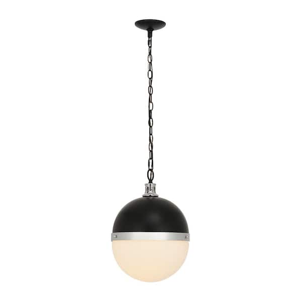 A-Street 1-Light Black Mini Pendant with Silver Accents and Frosted Opal Glass Shade