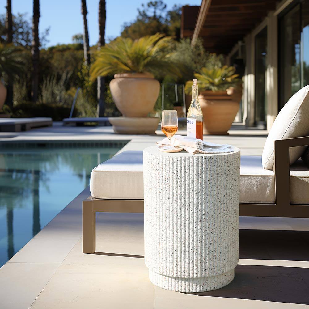 Ivory White Cement Round Outdoor Side Table with Gray Flecks