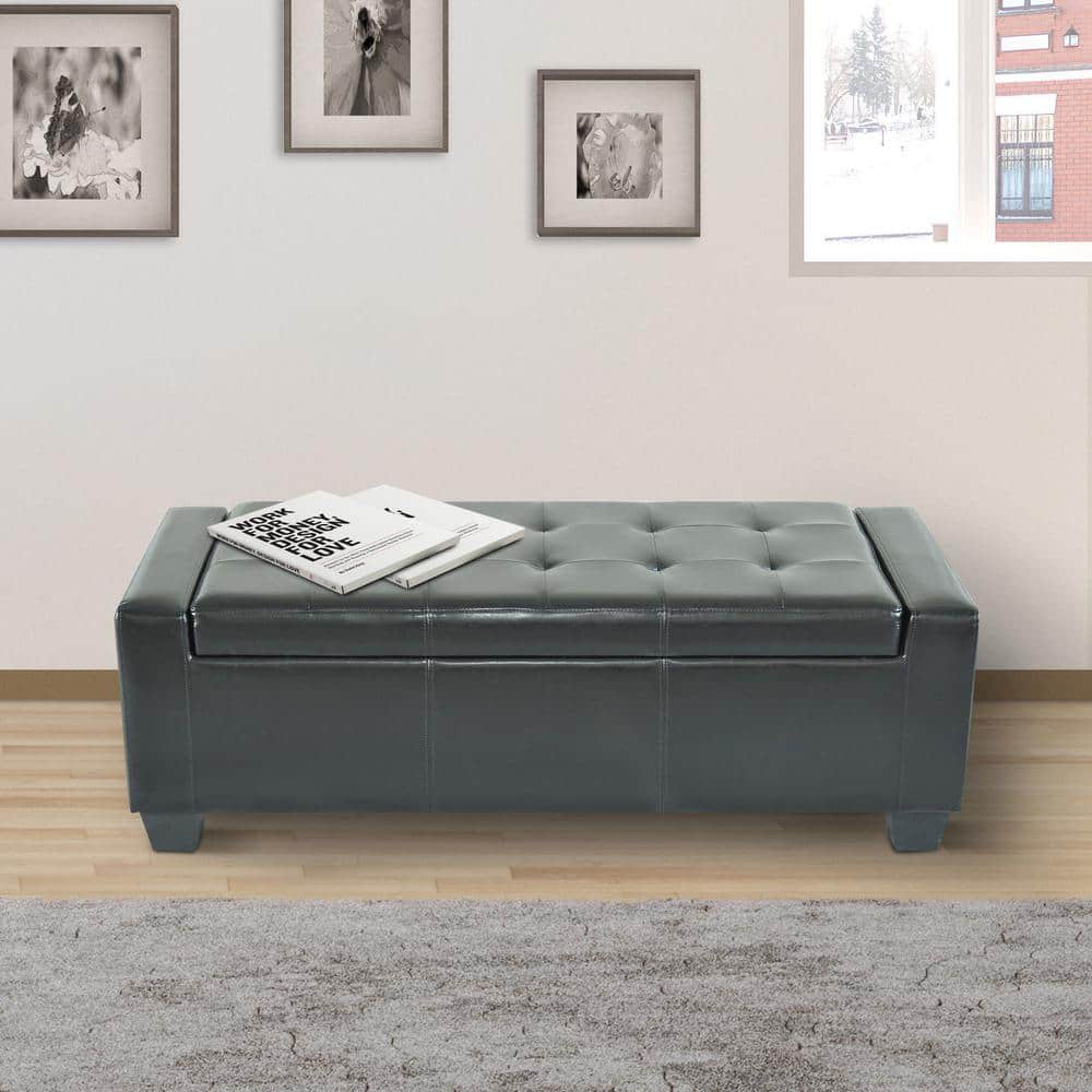 Black Faux Leather Tufted Storage Bench with Ample Space