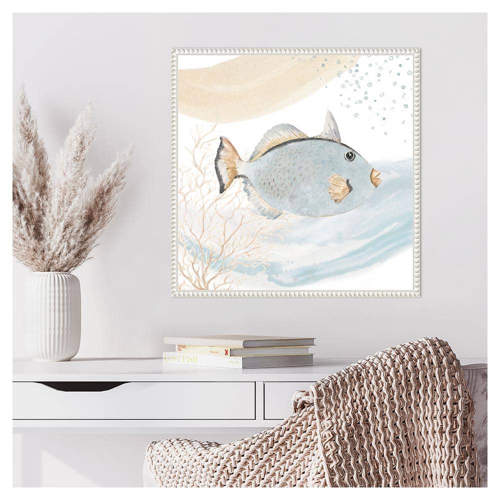 Ocean Oasis Waves Blue Fish Canvas Wall Art with White Frame