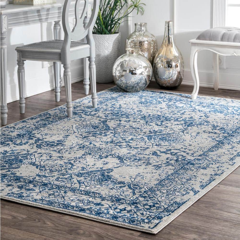 Light Blue Floral Reversible Square Synthetic Area Rug, 6'
