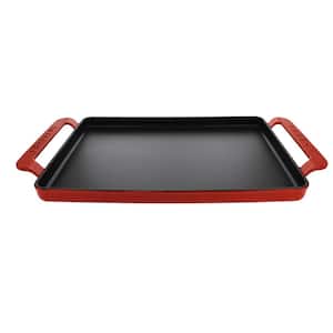 French Enameled 14 in. Rectangular Cast Iron Griddle in Red