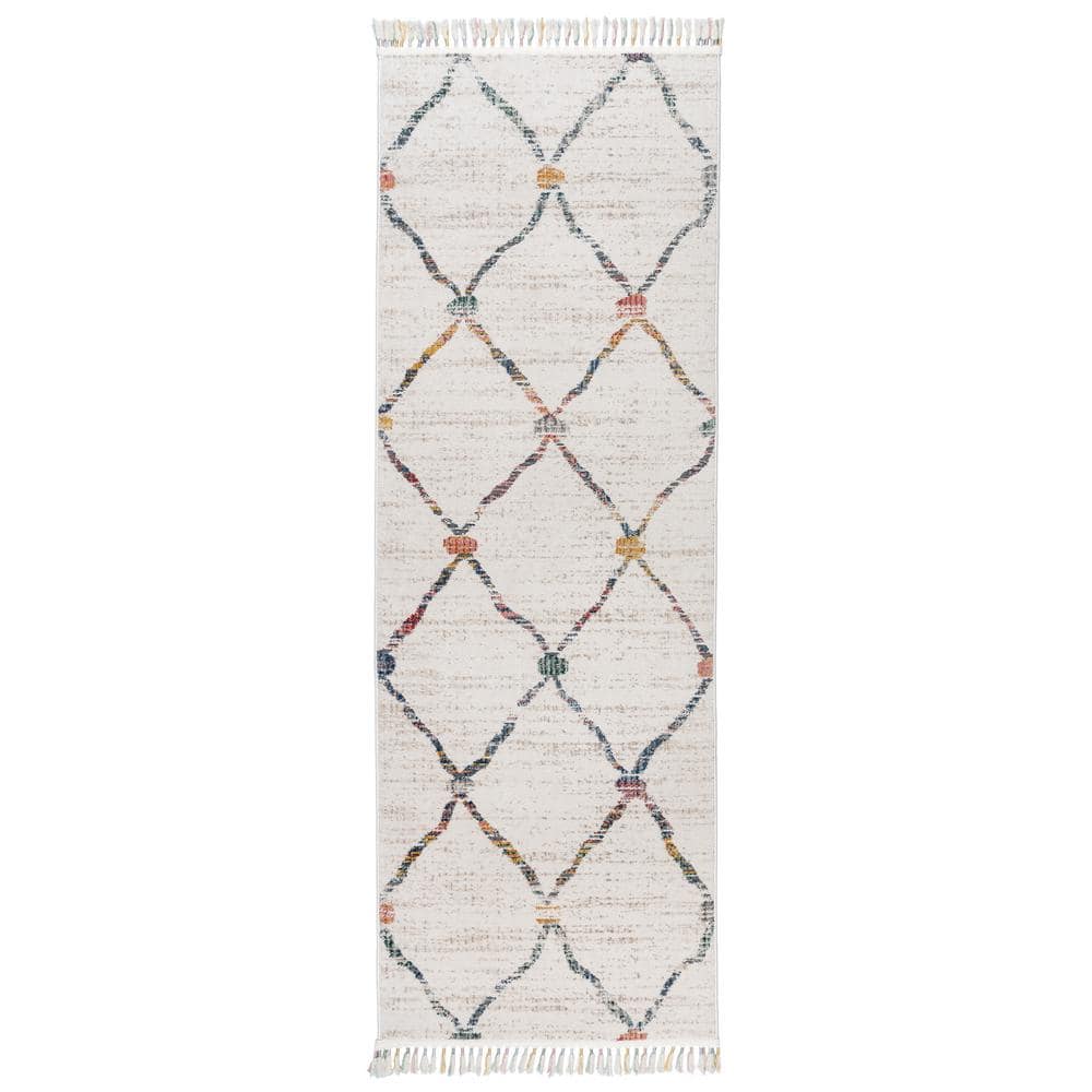 Ivory Geometric Synthetic Easy Care Runner Rug with Fringe