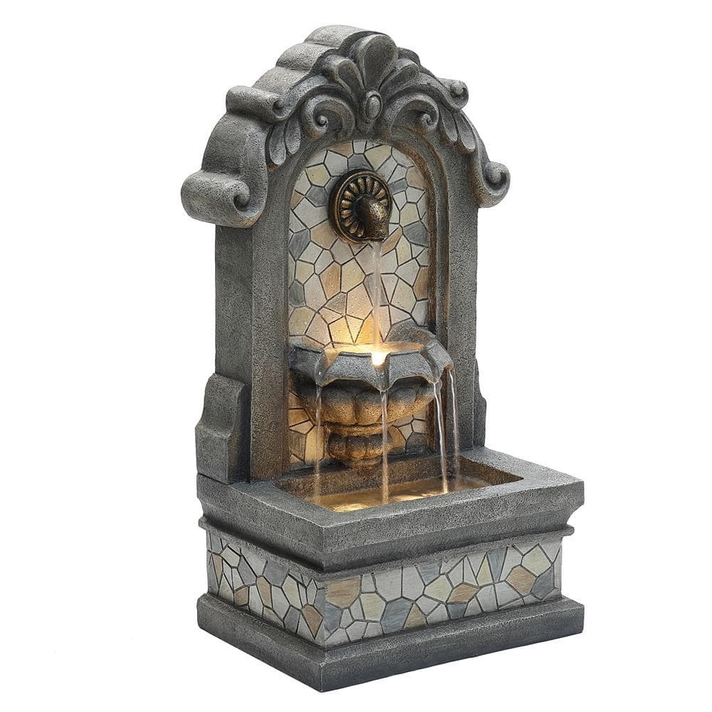 LuxenHome 27" Gray Resin Mosaic Tile Outdoor Water Fountain with Lights