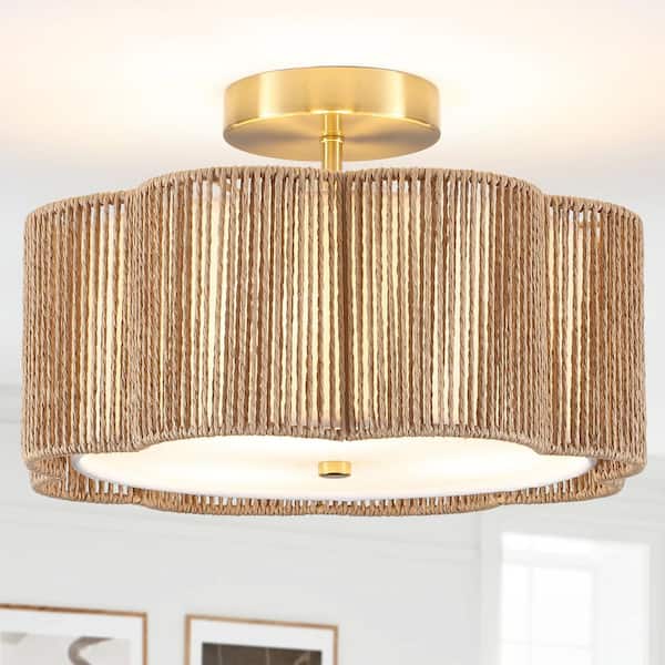 ETONIMERR 13 in. 3-Light Vintage Brass Woven Rattan Pendant Light