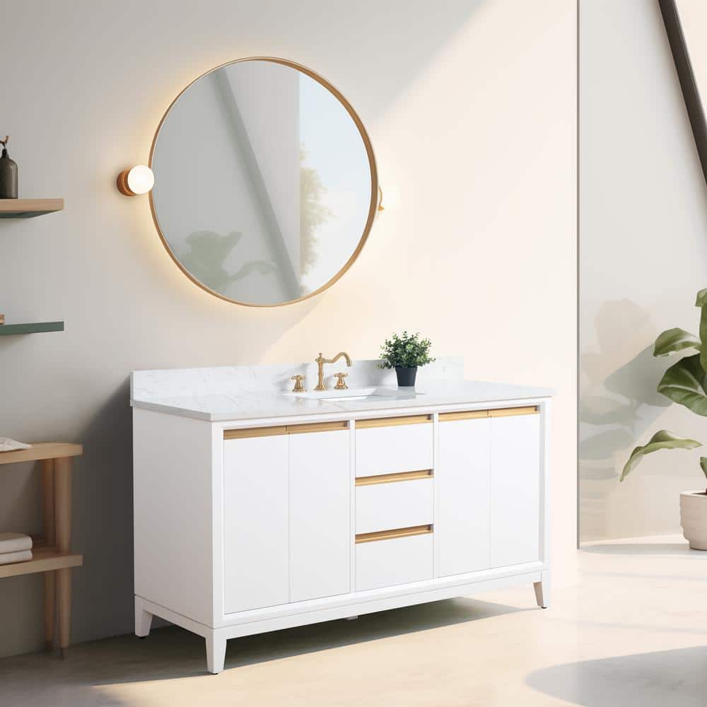 60" White Poplar Wood Single Bathroom Vanity with Marble Top