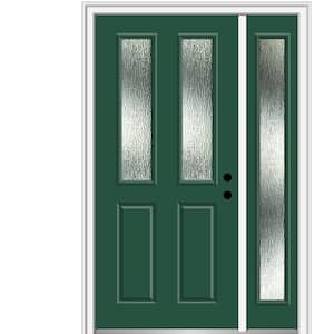 50 in. x 80 in. Left-Hand Inswing Rain Glass Hunter Green Fiberglass Prehung Front Door on 4-9/16 in. Frame