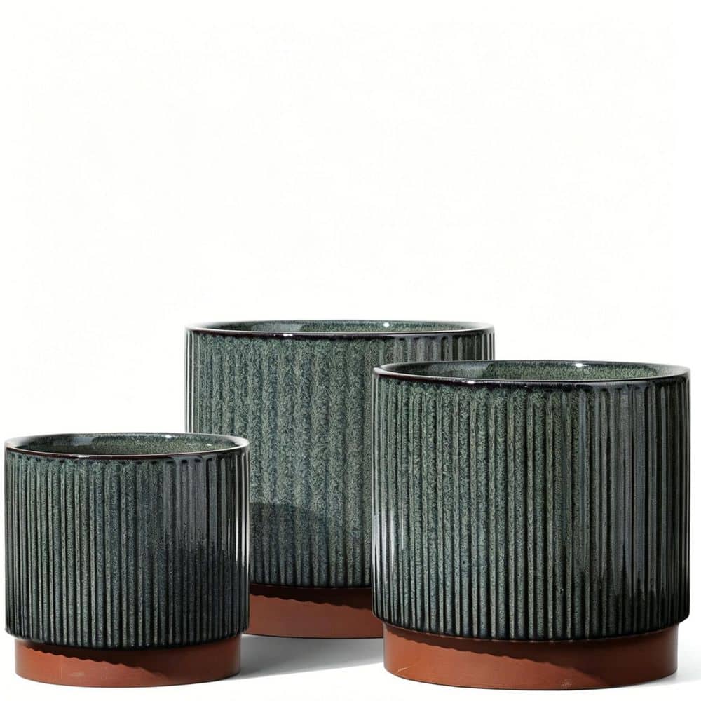 Ceramic Plant Pots with Drainage Holes, Set of 3, 8+6.7+5.5 Inch Stripe Garden Planter Pots, Reactive Glaze Black price history on PriceWatchPro