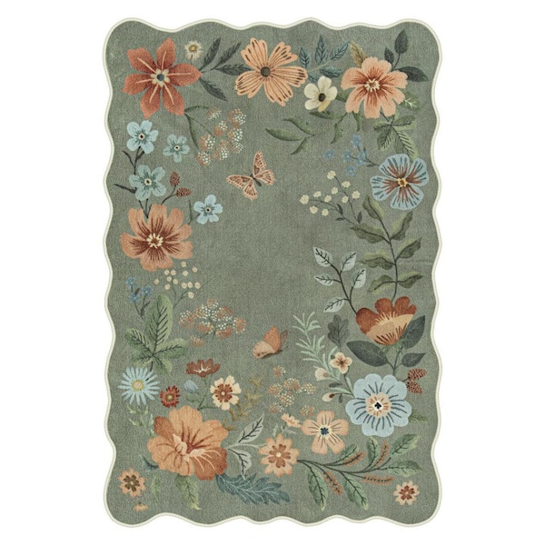 Washable Farmhouse Floral Print Wave-Shaped Non Slip Green Living Room Bedroom Dining Room 6 ft. x 9 ft. Area Rug