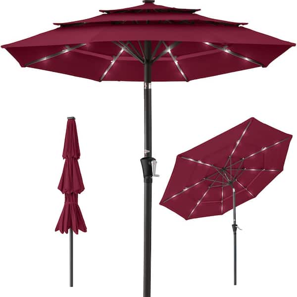 Best Choice Products 10 ft. Steel Market Solar Tilt Patio Umbrella with 24 LED Lights, Tilt Adjustment, Easy Crank in Burgundy