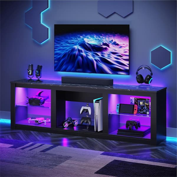 Bestier 70 in. Black Marble Color TV Stand Fits TV's up to 75 in. with Tempered Glass Shelves LED Lights and Large Open Storage