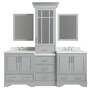 Stafford 85 in. W x 22 in. D Bath Vanity in Grey with Quartz Vanity Top in White with White Basins and Mirrors