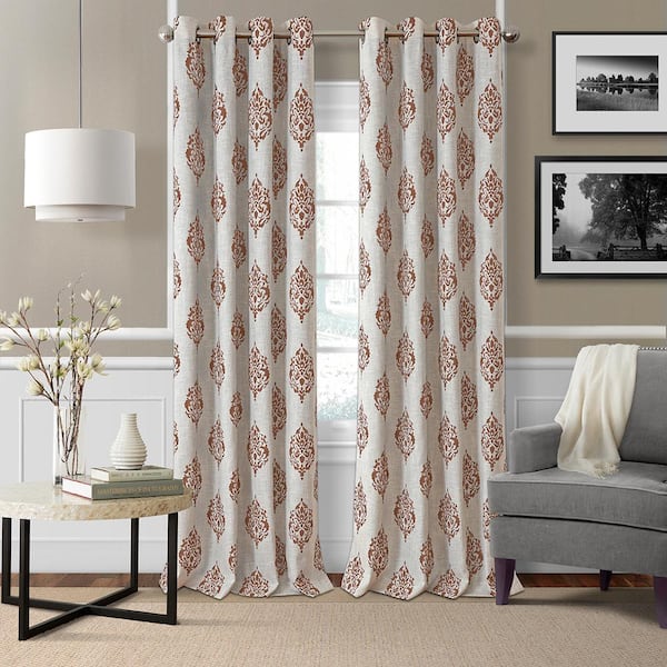 Elrene Navara Cinnamon Medallion Poly-Linen 52(in)X84(in) Grommet Top Room Darkening Curtain Panel