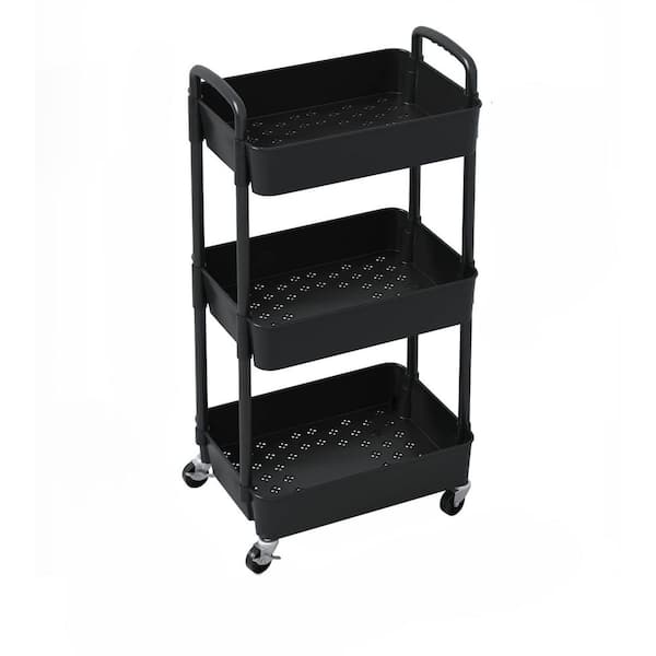 3-Tier Black Multi-Functional Storage Trolley Rolling Utility Cart with Lockable Wheels and Handle